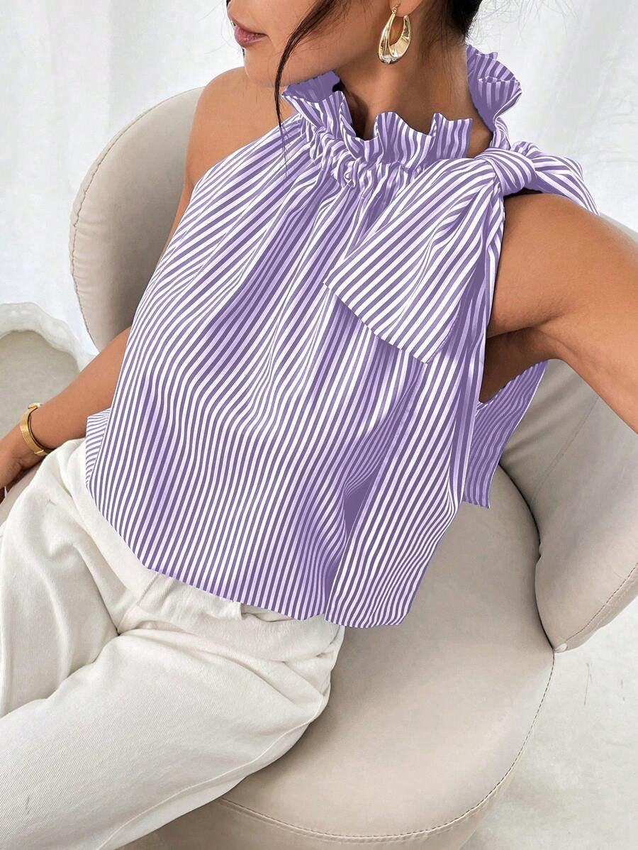 Women's Sleeveless Crepe Blouse with Gathered High Collar and Shoulder Bow Mune Fashion