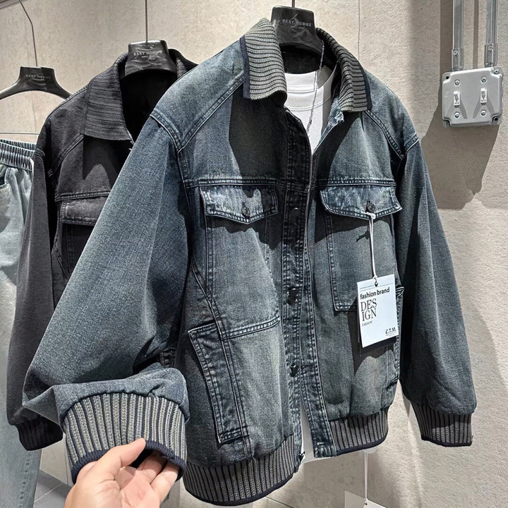 Men's Loose-Fitting Denim Jacket with Ribbed Contrast Collar and Vintage Wash Mune Fashion