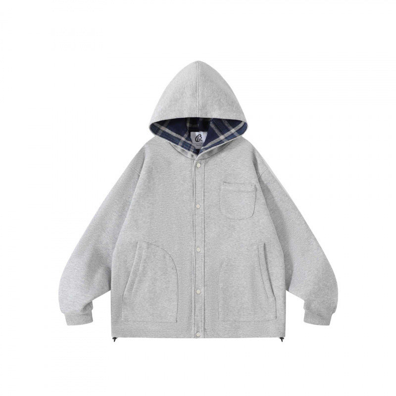 Unisex Oversize Hoodie with checkered lined hood and snap button placket Mune Fashion