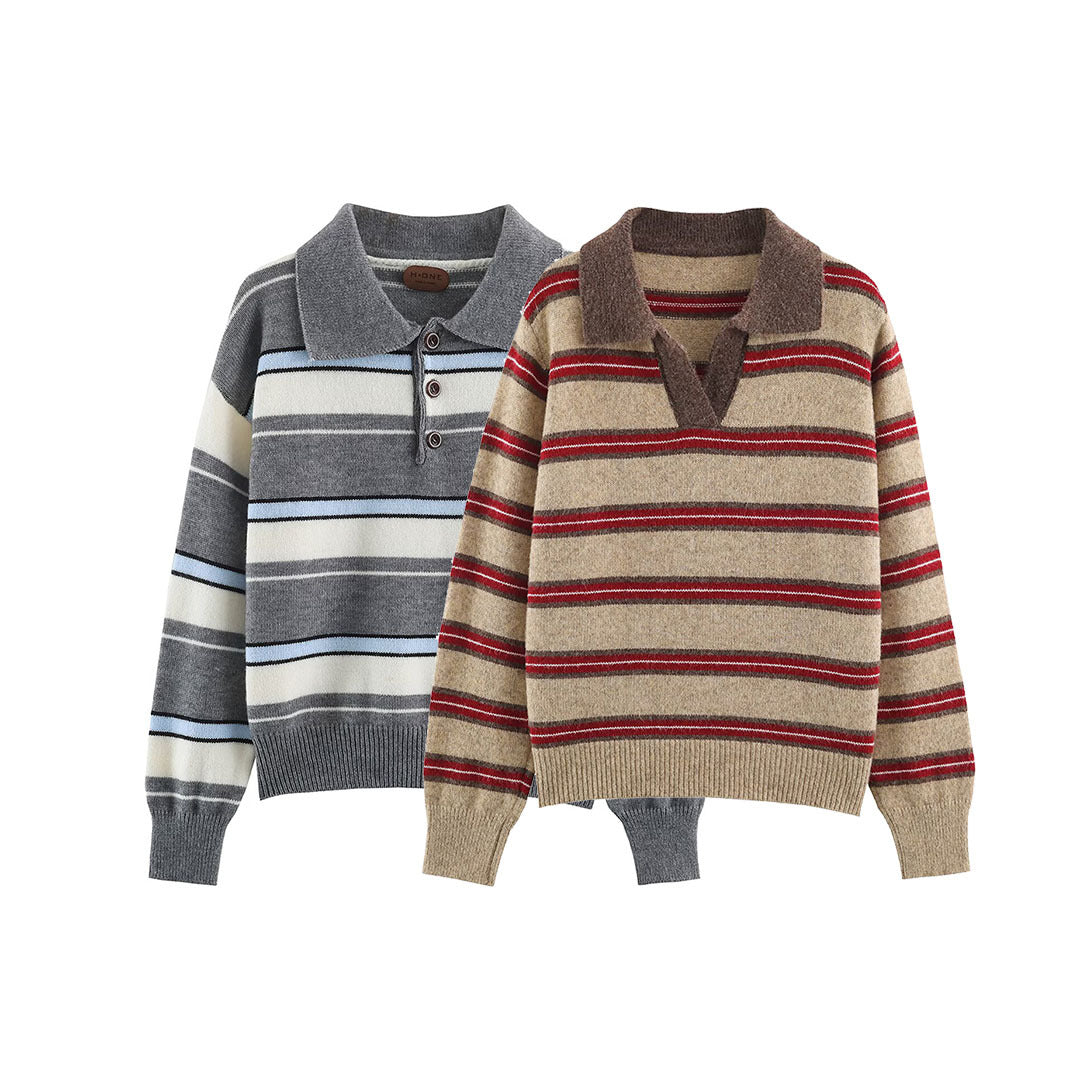 Women Striped Oversize Sweater with Polo Collar and V-Neck Mune Fashion