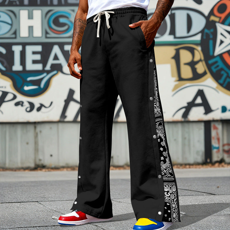 Men's Loose Snap-Track Pants with Drawstring, Side Bandana Trim and Snap Closure Mune Fashion