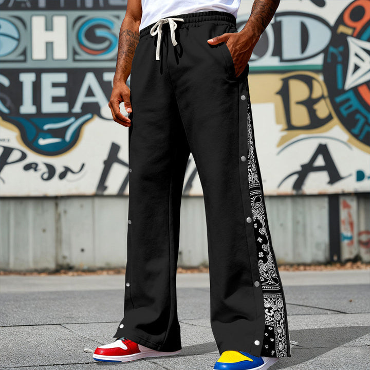 Men's Loose Snap-Track Pants with Drawstring, Side Bandana Trim and Snap Closure Mune Fashion