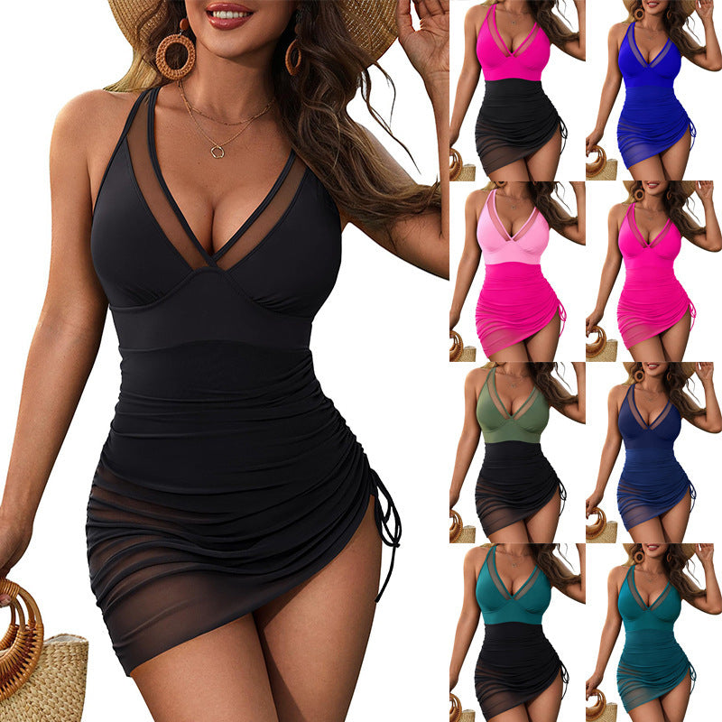 Women's Figure-flattering Swim Dress with Ruching and Sexy V-Neck Mune Fashion