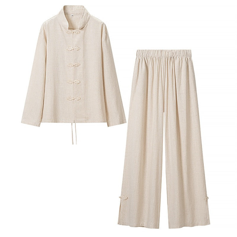 Women's Comfortable Linen Two-Piece Set with Stand-Up Collar, Frog Closures and Wide Palazzo Pants Cut Mune Fashion