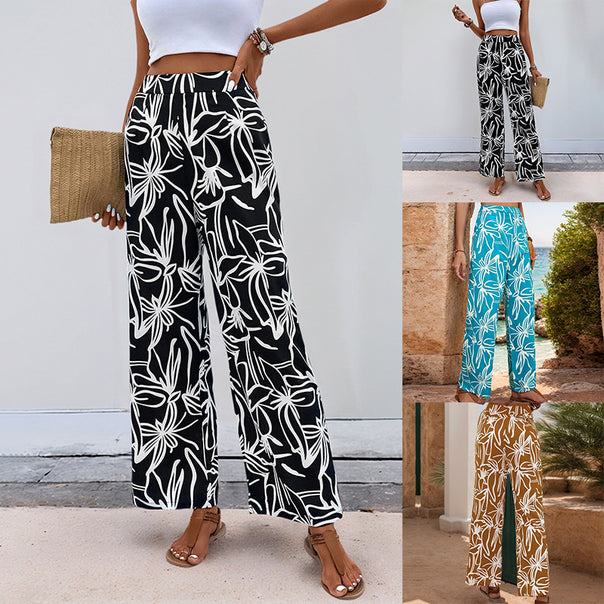 Women Wide Linen Look Pants with High Waist and Floral Print Mune Fashion