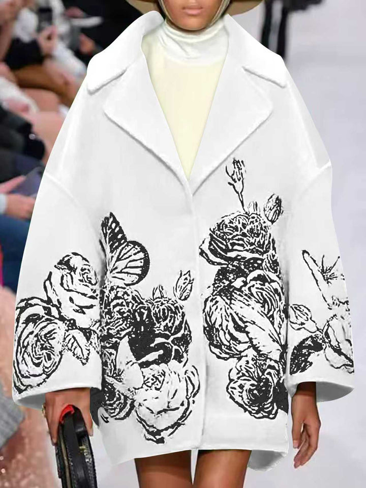 Ladies Oversized Wool Blend Coat with Floral Print and Embroidery Look Mune Fashion