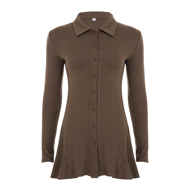Women nan tailored ribbed knit shirt dress with shirt collar, full button placket and flared pointed hem Mune Fashion