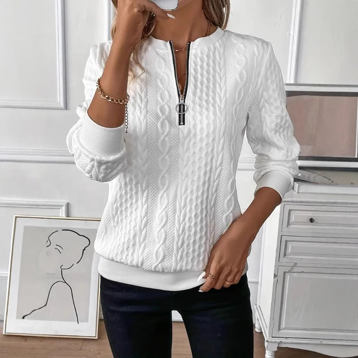 Women Structured Cable Knit Sweatshirt with Half Zip and Ribbed Cuffs Mune Fashion