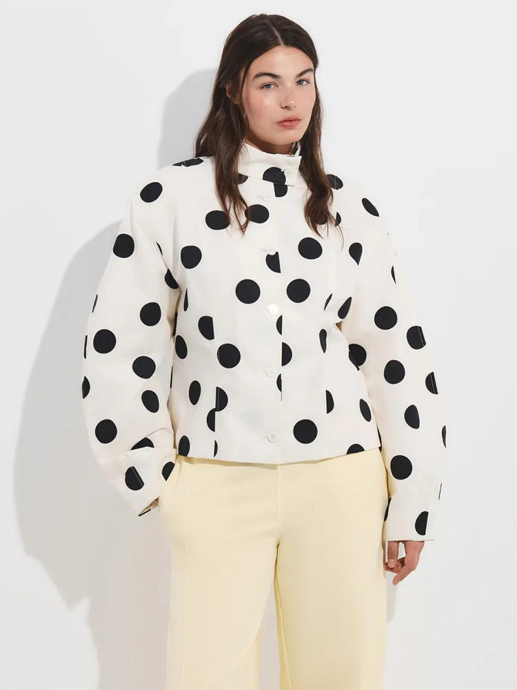 Women's Polka Dot Stand Collar Blouse with Oversized Sleeves and Boxy Cropped Silhouette Mune Fashion