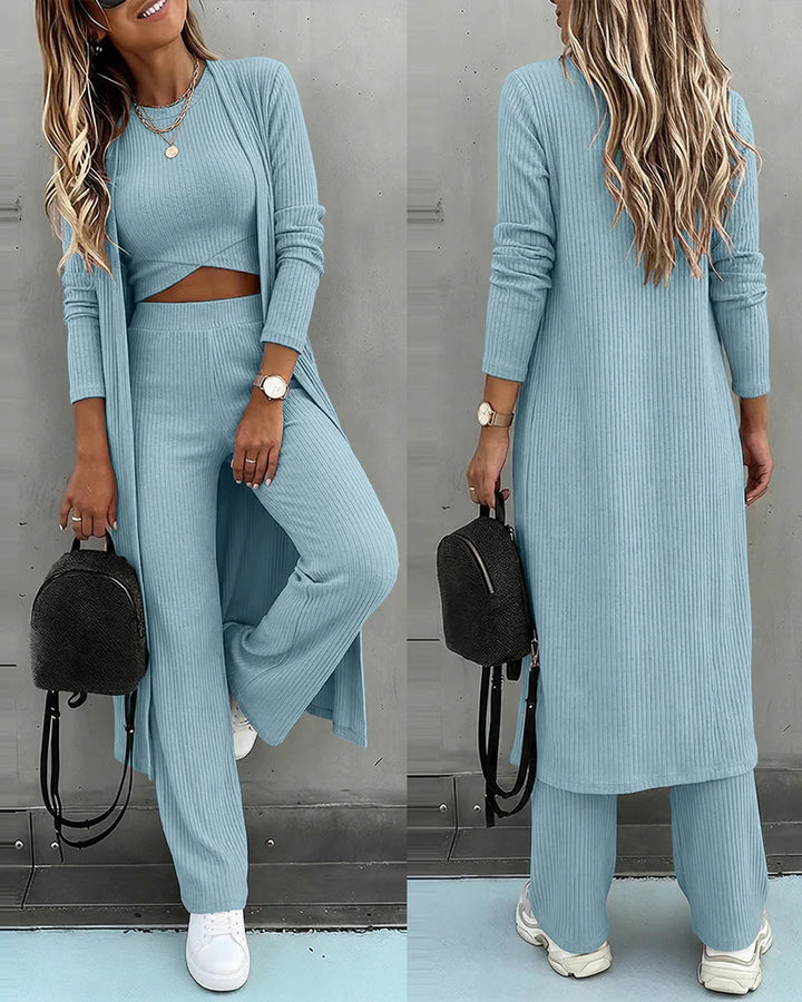 Women’s Three-Piece Ribbed Knit Loungewear Set with Long Cardigan, Crop Top, and Wide Palazzo Pants Drune
