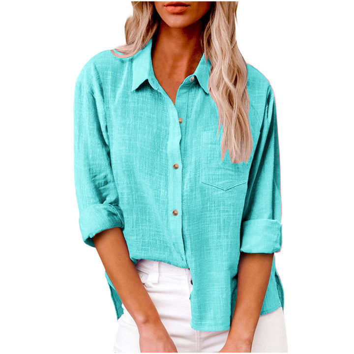 Women's oversized linen-cotton blend shirt blouse with breast pocket and roll-up sleeves Mune Fashion