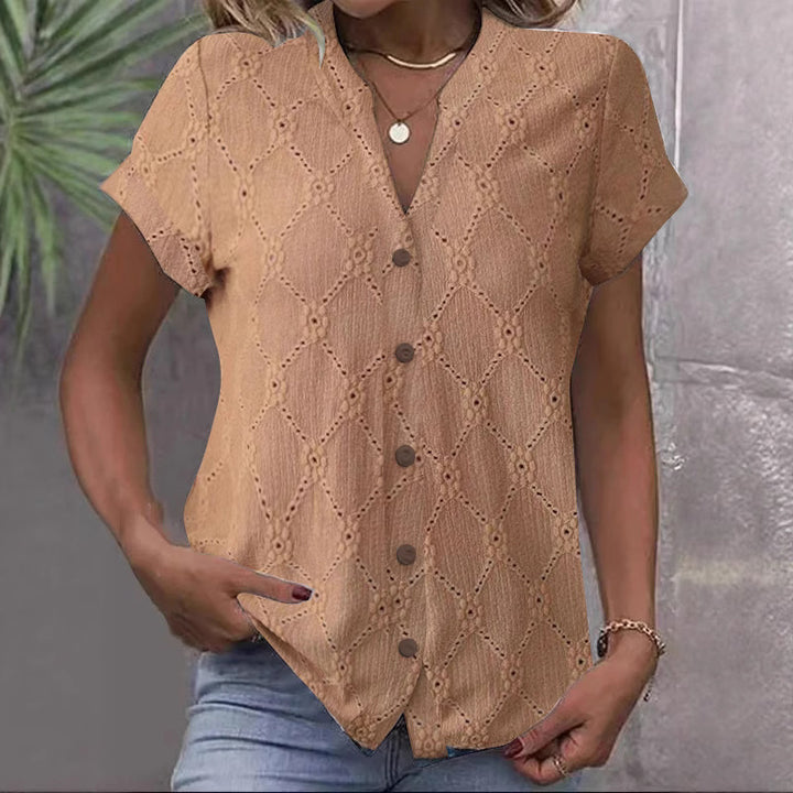 Women's short-sleeved embroidery blouse with V-neck and continuous button placket Mune Fashion
