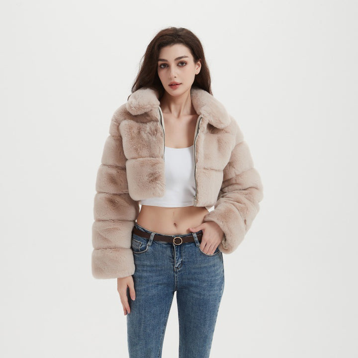 Women Cropped Faux Fur Jacket with Horizontal Volume Panels, Stand-Up Lapel Collar and Zipper Mune Fashion