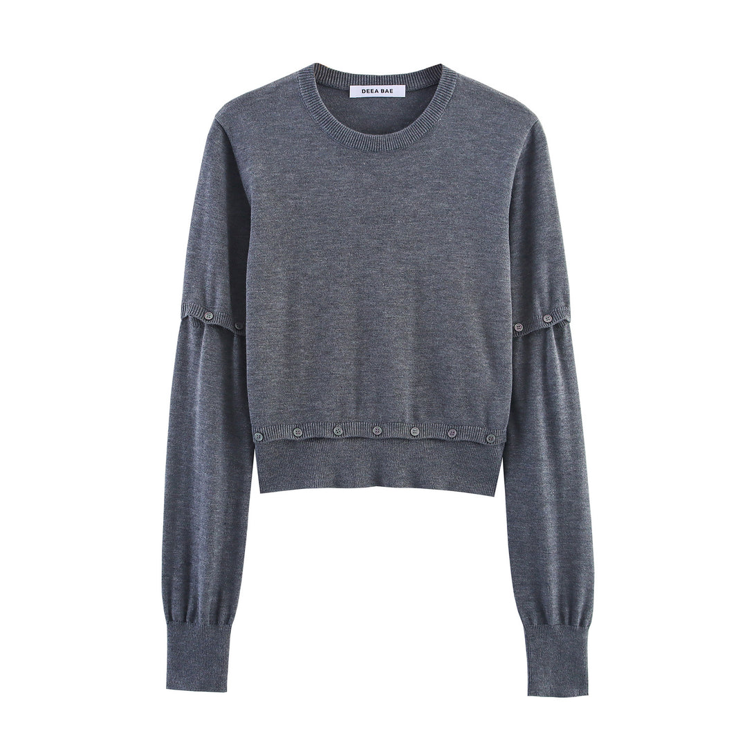 Women's Short Fine Knit Sweater with Balloon Sleeves and Decorative Button Waist Mune Fashion