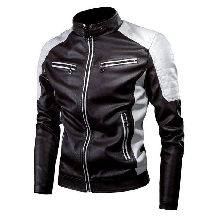 Men's Slim Fit Motorcycle Faux Leather Jacket with Contrast Panels, Quilted Shoulders and Zipper Pockets Mune Fashion