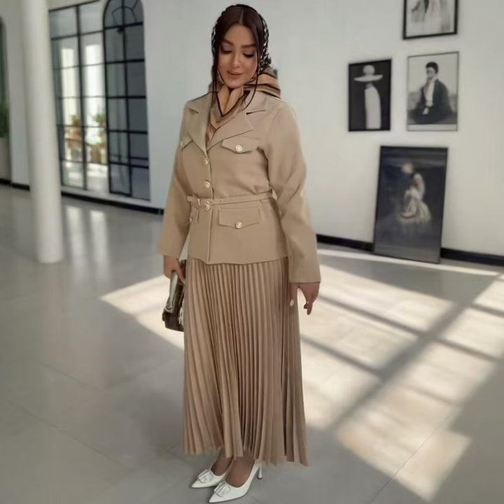 Women's Tailored Blazer with Belt and Pleated Maxi Skirt Set Mune Fashion