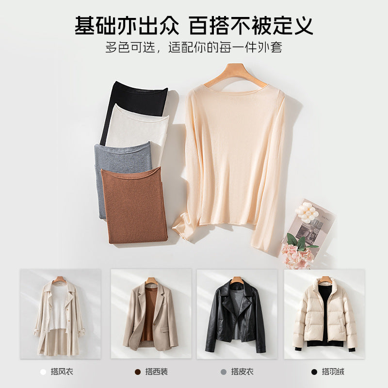 Women's Long Sleeve Fine Knit Shirt with Boat Neck and Light Draping Mune Fashion