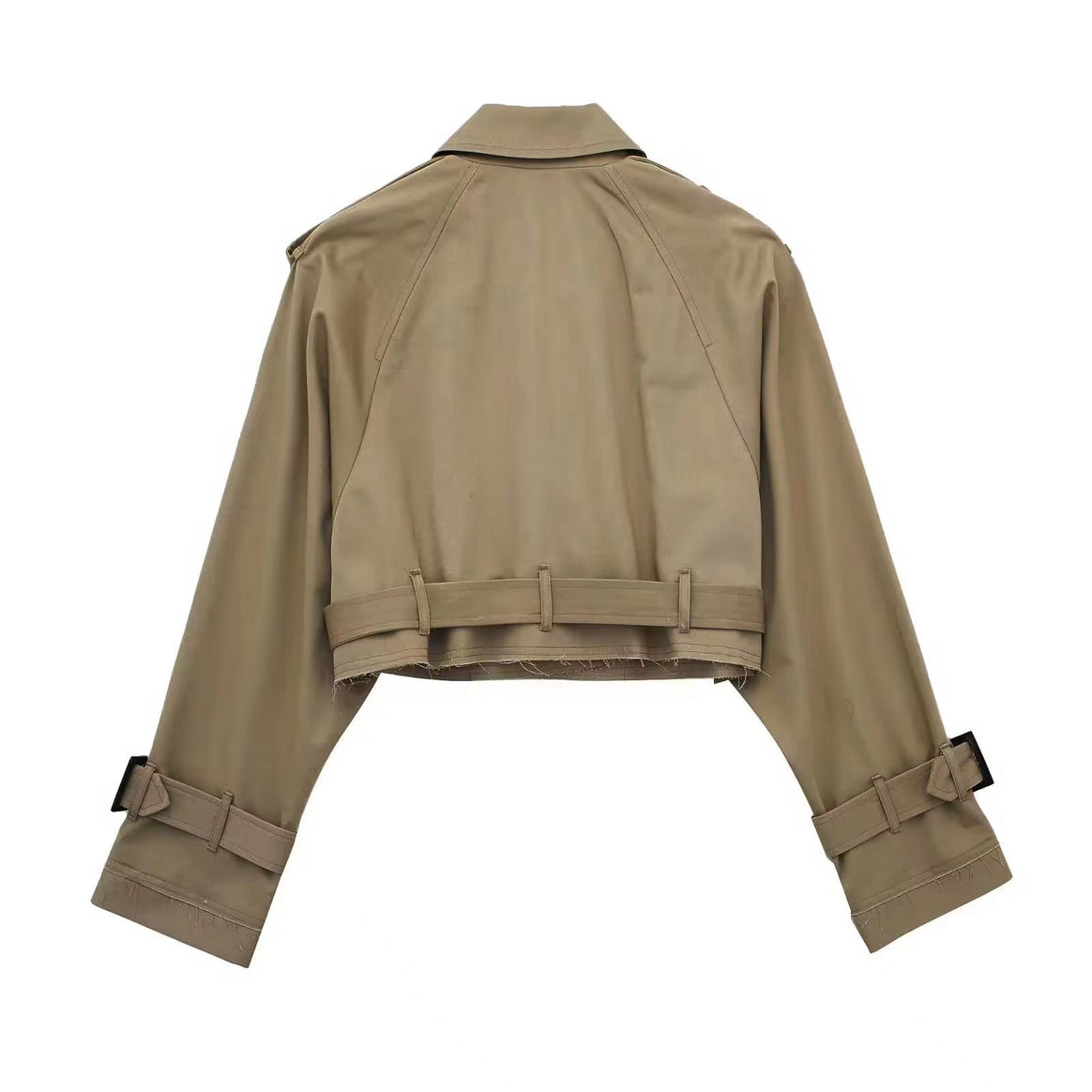 Women's Cropped Trench Coat with Waist Belt, Epaulettes, and Adjustable Sleeve Straps Mune Fashion