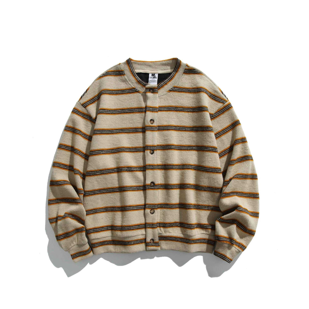 Unisex Chunky Knit Button Cardigan in Stripe Pattern with Round Neck and Wooden Buttons Mune Fashion