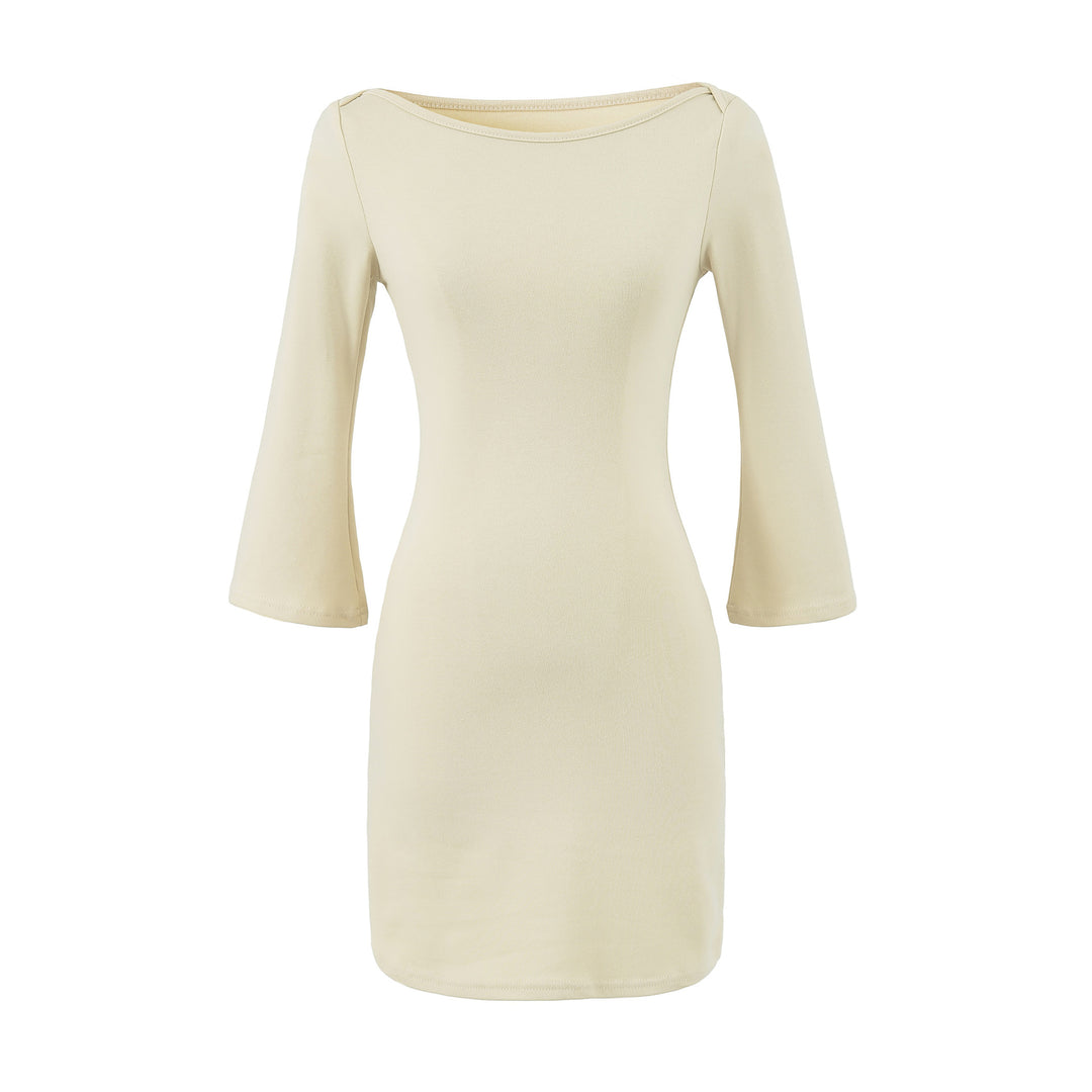 Women's Figure-Hugging Midi Dress with Wide Round Neck and Bell Sleeves Mune Fashion