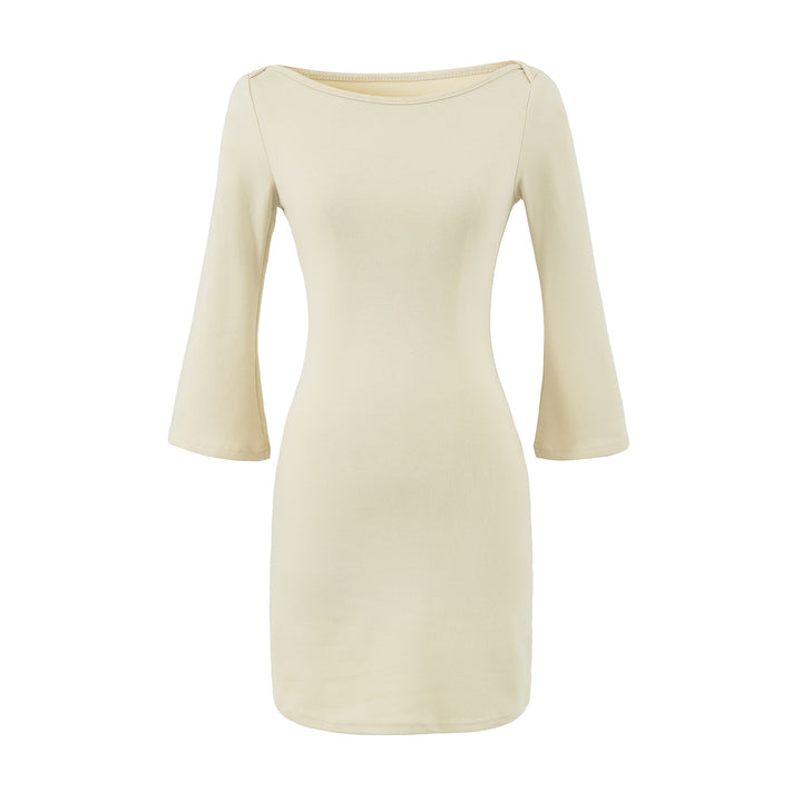 Women's Figure-Hugging Midi Dress with Wide Round Neck and Bell Sleeves Mune Fashion