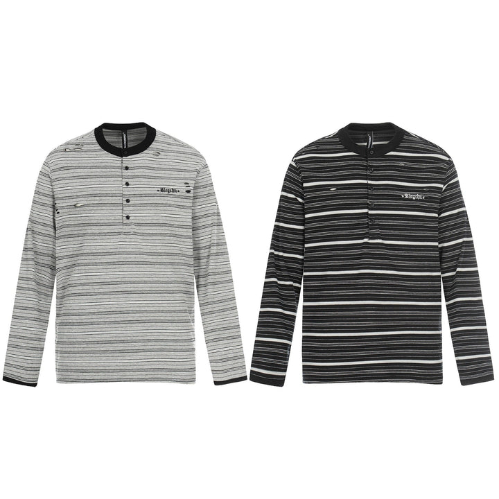 Men's Long Sleeve Henley Shirt with Striped Pattern and Distressed Details Mune Fashion
