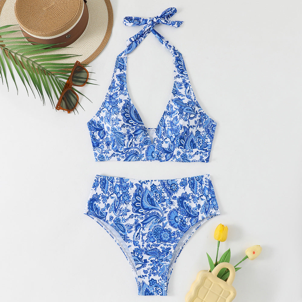 Women's High-Waisted Bikini Set with Floral Design and Playful Halter Top Mune Fashion