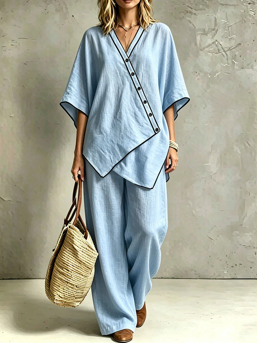 Women's Asymmetric Tunic Loungewear Set with Diagonal Button Placket and Wide Palazzo Pants Drune
