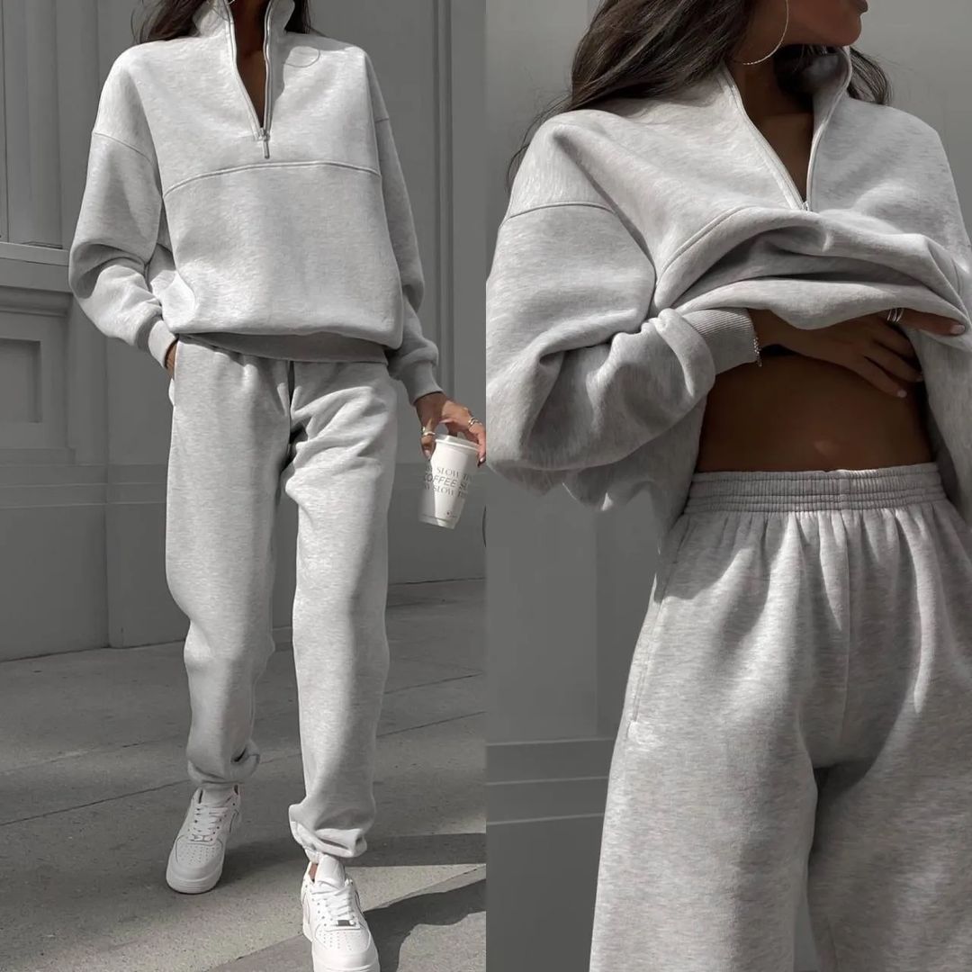 Women’s Oversize Half-Zip Sweatshirt with Stand-Up Collar and Soft Jogging Pants Mune Fashion