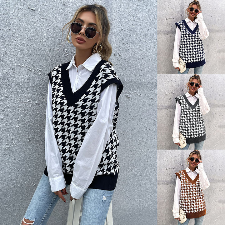 Women's Oversized Knitted Vest with Houndstooth Pattern and V-Neck Mune Fashion