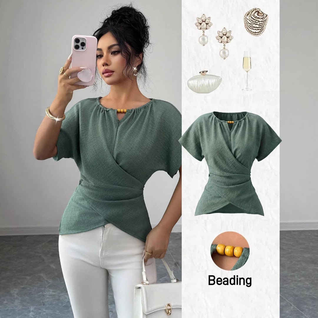 Women's Tailored Linen Look Top with Keyhole Opening, Bead Detail and Draping Mune Fashion
