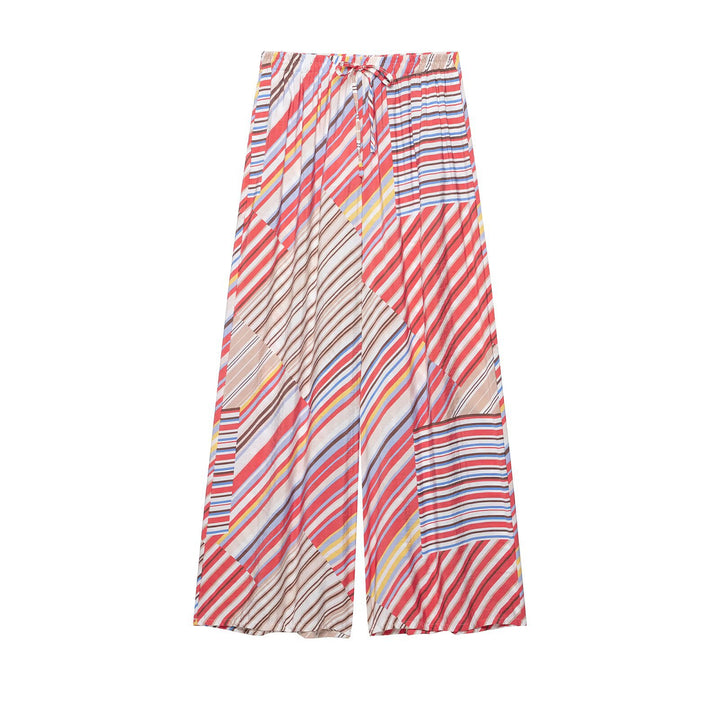 Women's Wide Pleated Patchwork Palazzo Pants with Drawstring Drune