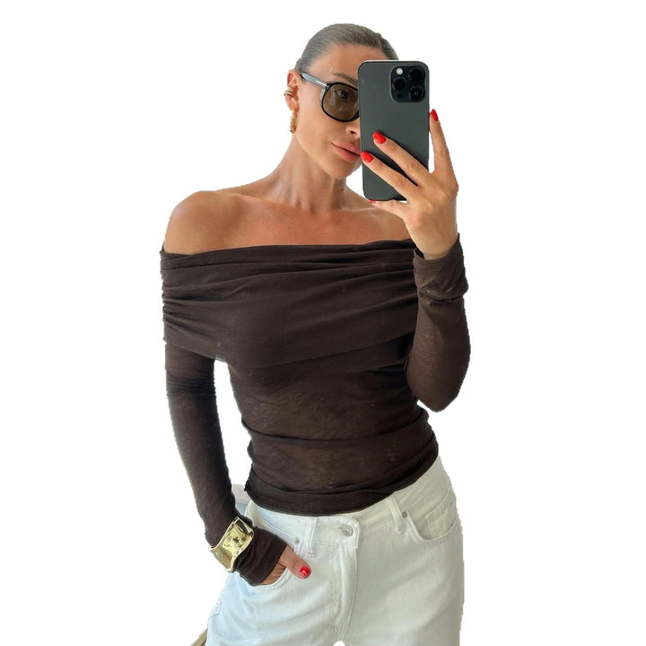 Women's off-shoulder fine knit long sleeve with ruched cowl neck and fitted silhouette Mune Fashion