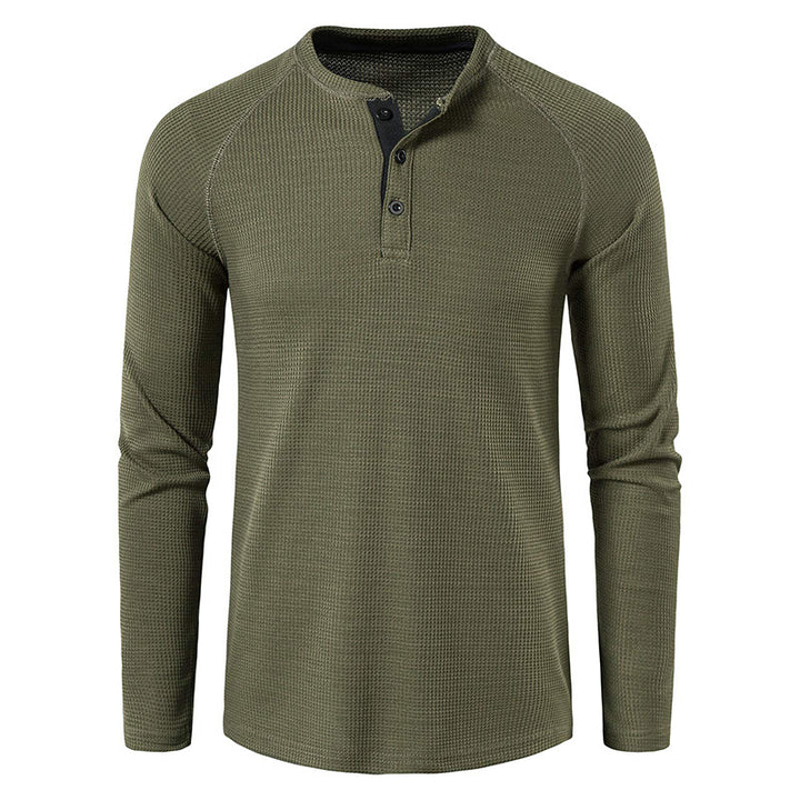 Men's structured henley long-sleeve shirt with waffle texture, half-button placket, and raglan sleeves Mune Fashion