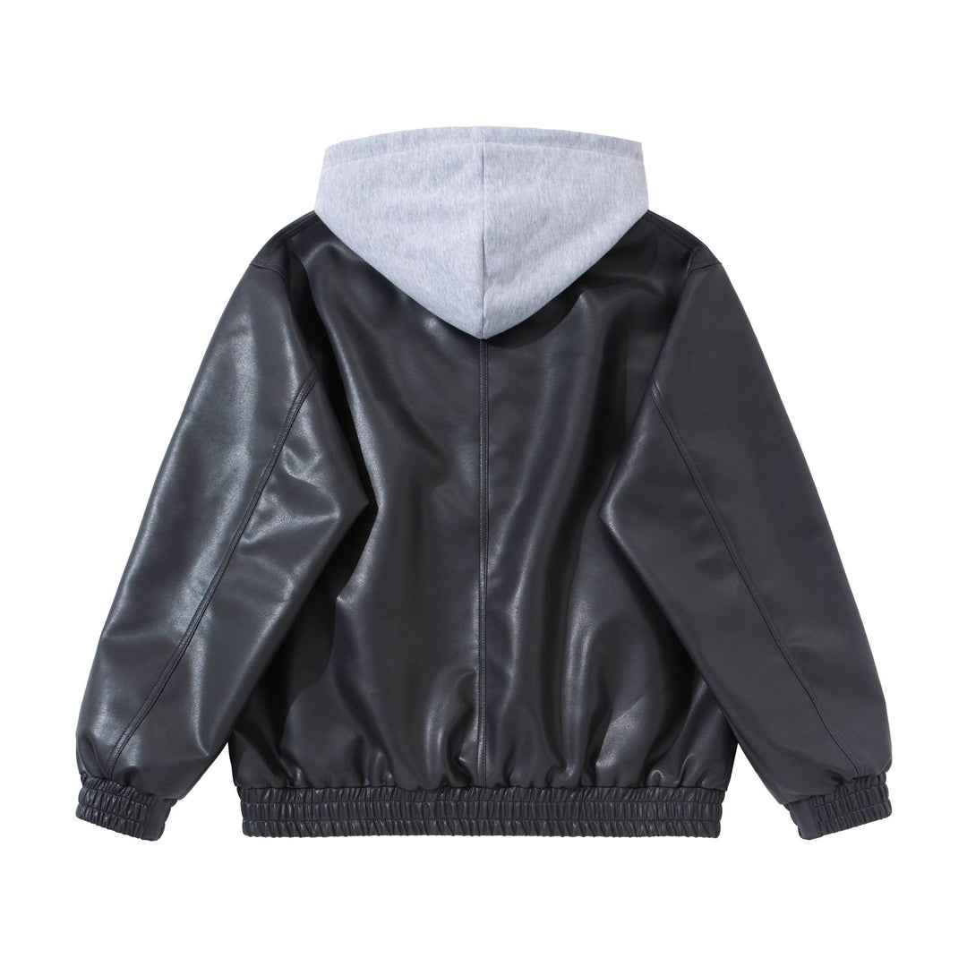 Men's Boxy Leather Blouson with Attached Jersey Hood and Ribbed Hem Mune Fashion