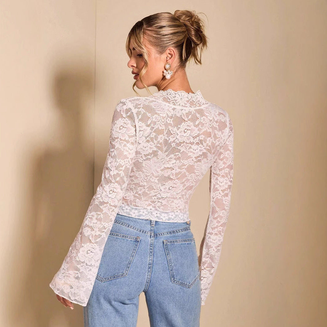 Women's sheer lace blouse with V-neck, tailored and bell sleeves Mune Fashion