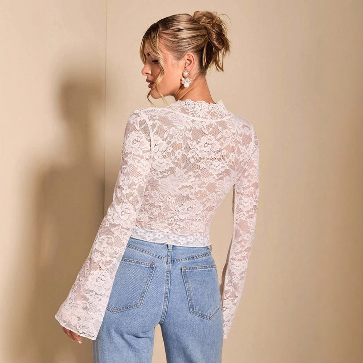 Women's sheer lace blouse with V-neck, tailored and bell sleeves Mune Fashion
