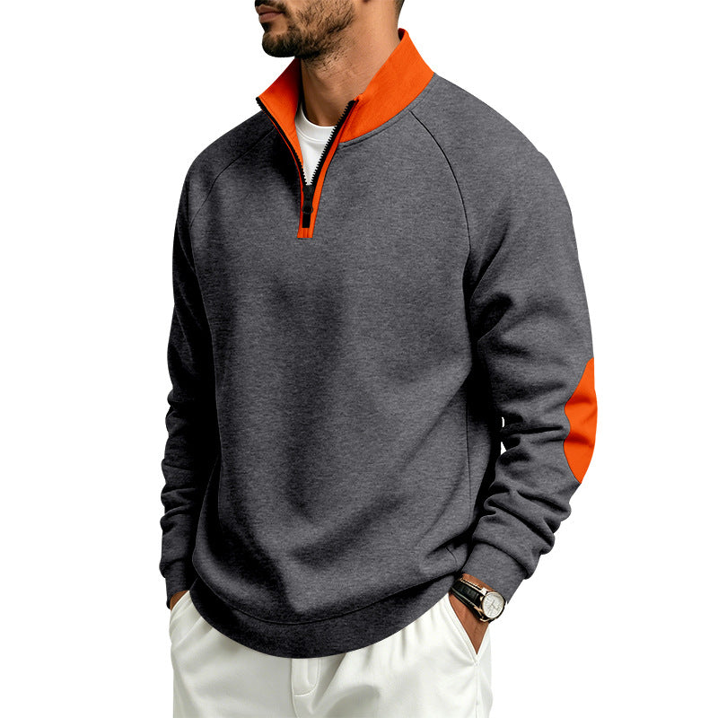 Men's Half-Zip Pullover with Stand Collar and Elbow Patches Mune Fashion