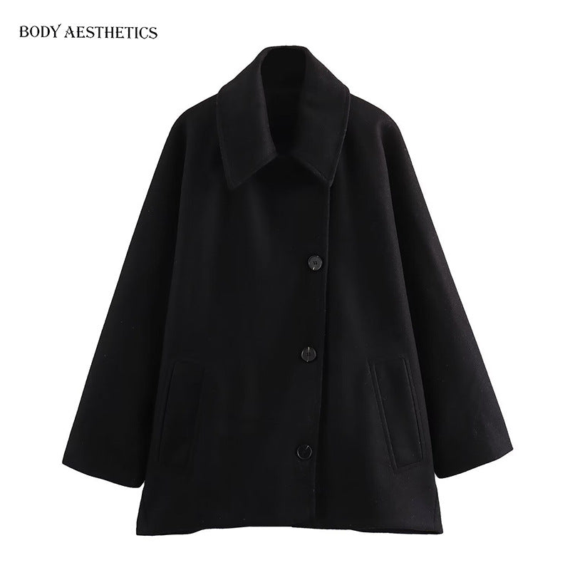 Women Oversized Wool Blend Boxy Short Coat with Lapel Collar and Insert Pockets Mune Fashion