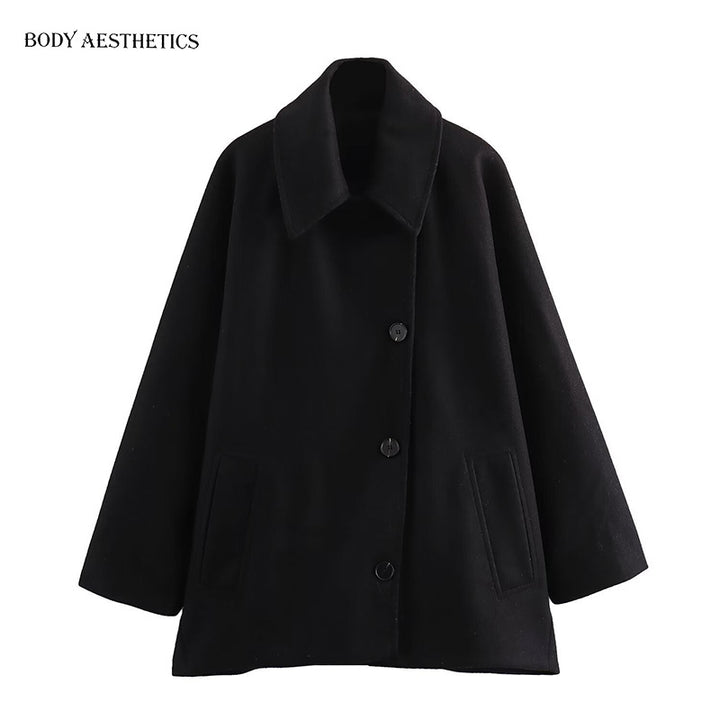 Women Oversized Wool Blend Boxy Short Coat with Lapel Collar and Insert Pockets Mune Fashion