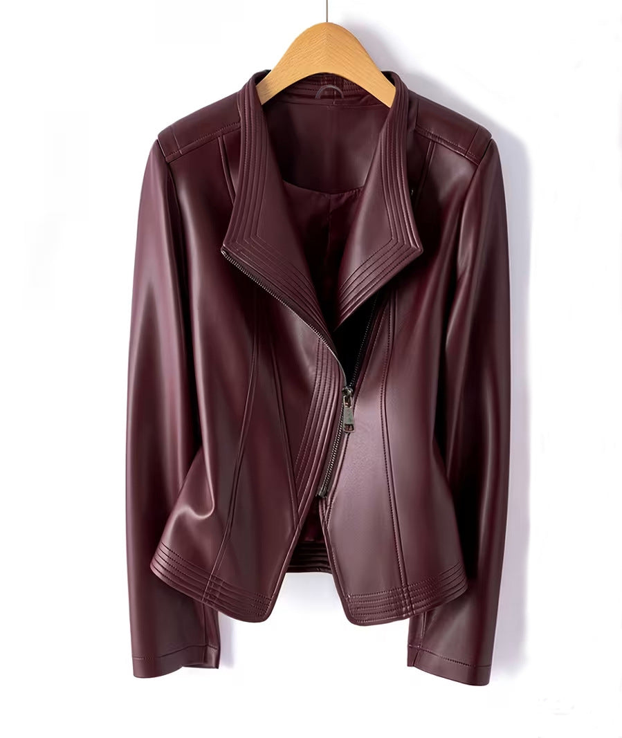 Women Fashionable Faux Leather Jacket with Asymmetrical Zipper Mune Fashion
