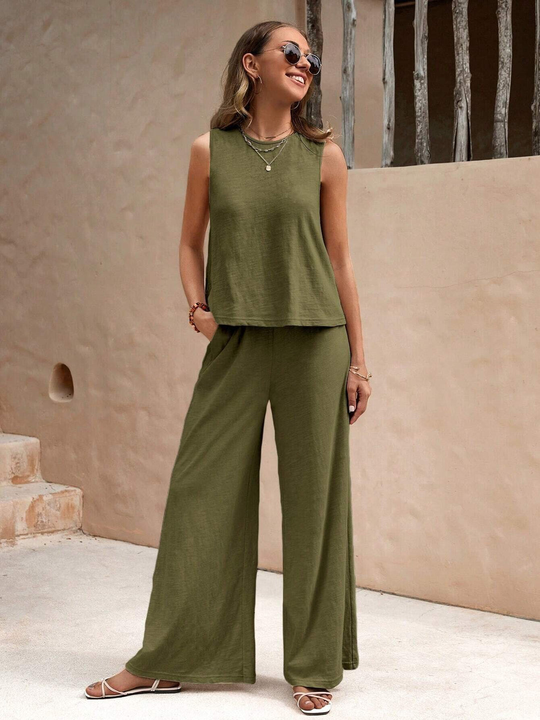 Women Two-Piece Jersey Set with Sleeveless Top and Wide Palazzo Pants Mune Fashion