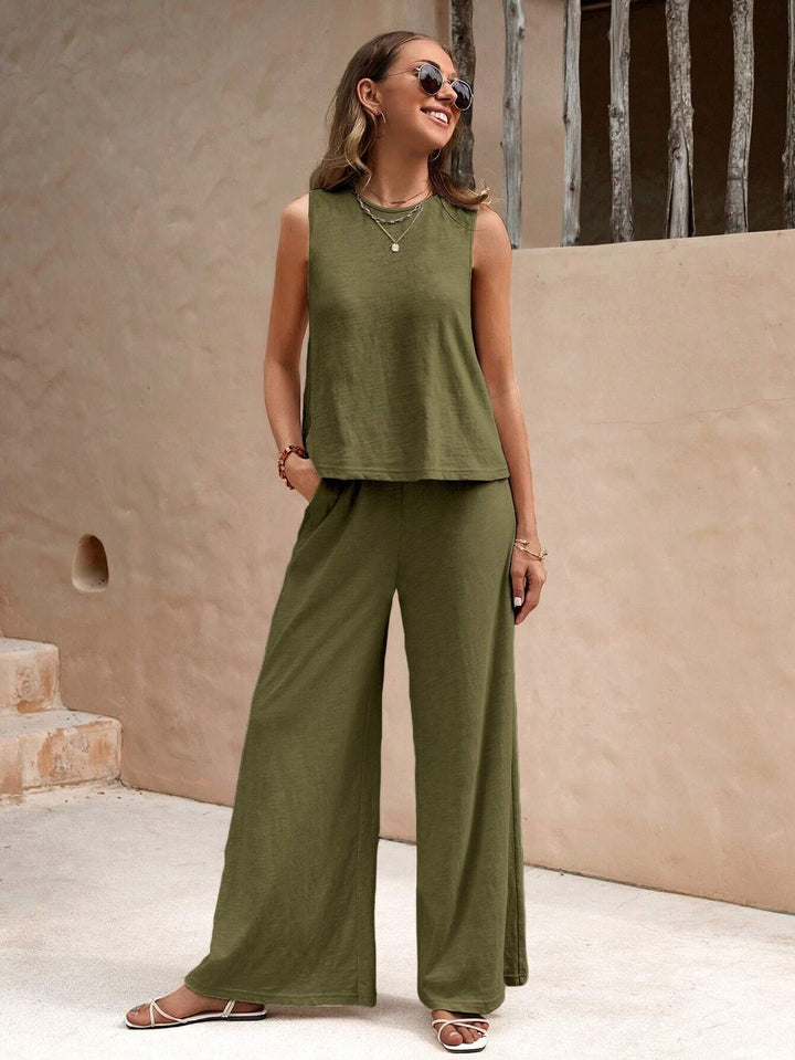 Women Two-Piece Jersey Set with Sleeveless Top and Wide Palazzo Pants Mune Fashion