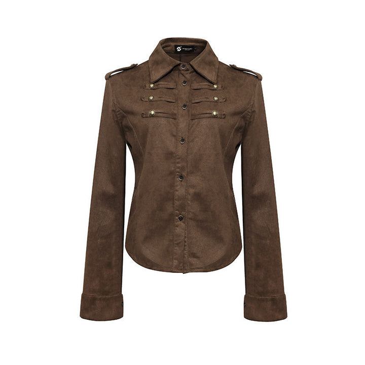 Ladies Military Velvet-Look Jacket with Epaulettes and Decorative Straps Mune Fashion