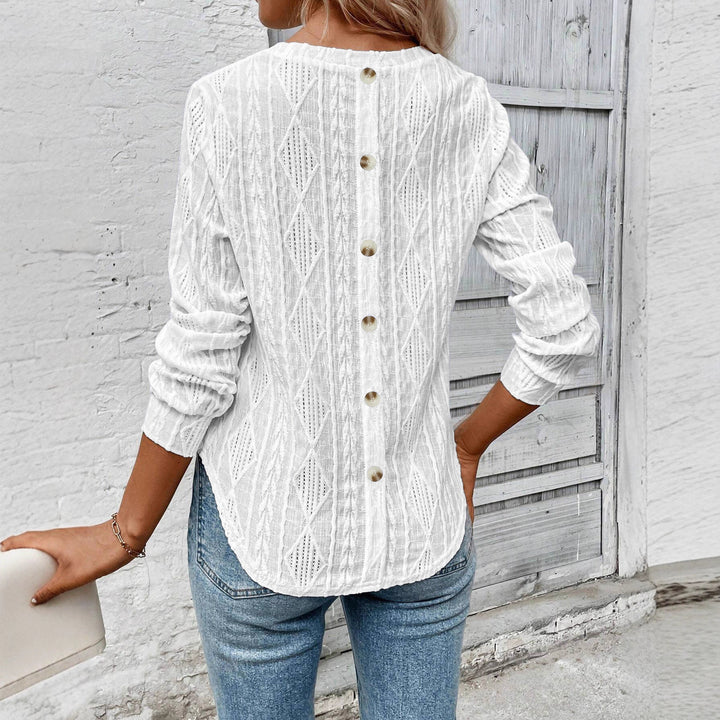 Women Structured Openwork Knit Blouse with Round Neck and Casual Silhouette Mune Fashion