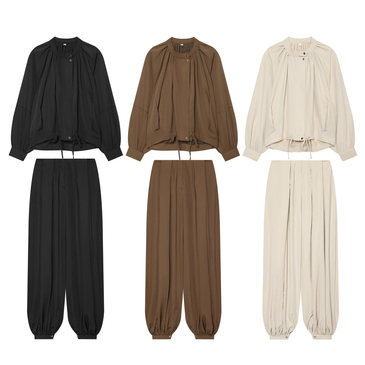 Women's Lightweight Blouson Jacket with Gathered Stand Collar, Balloon Sleeves, and Drawstring Mune Fashion