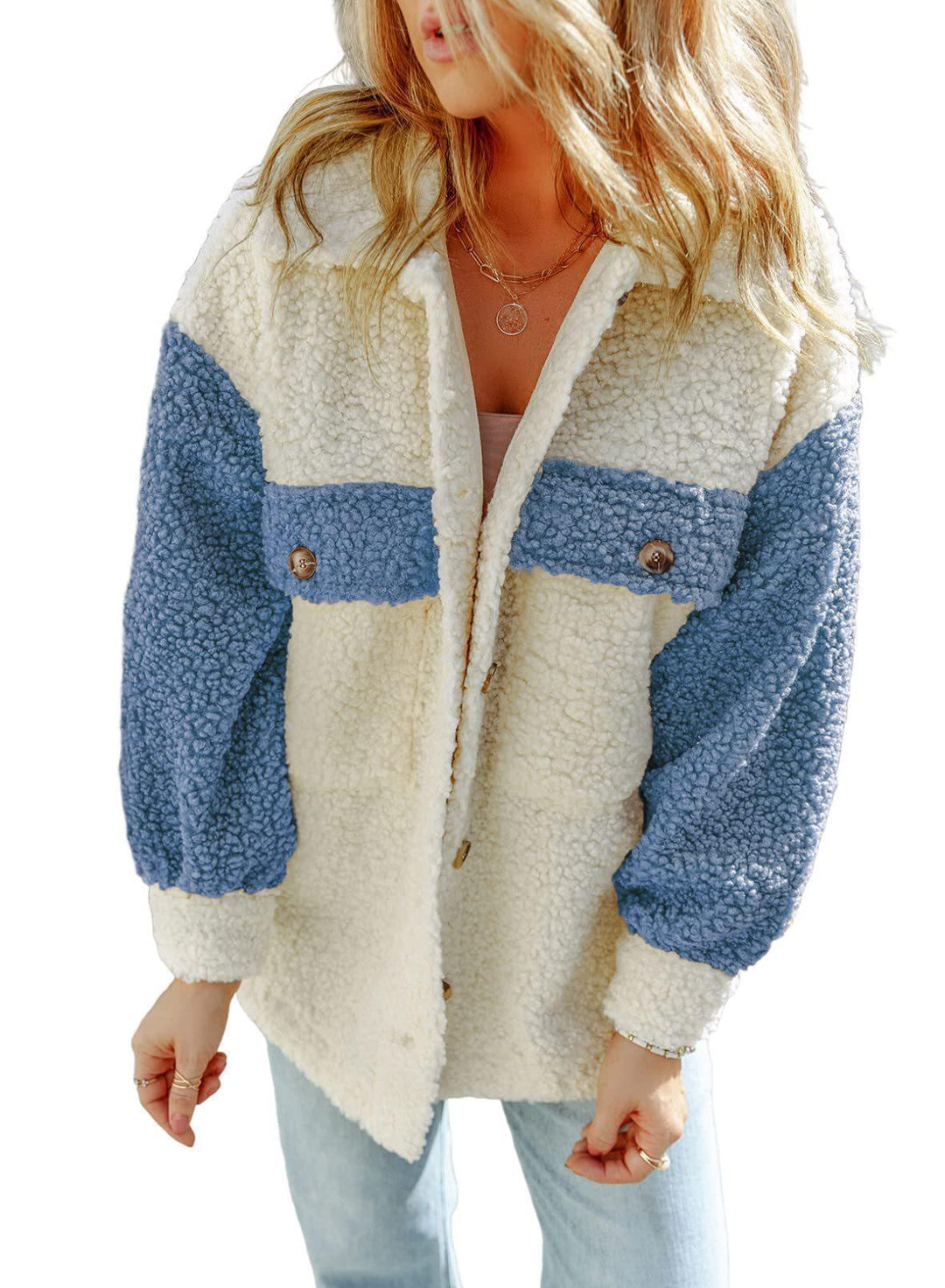 Women's oversized Teddy shirt jacket with contrast stripes, applied chest pockets and visible button placket Mune Fashion