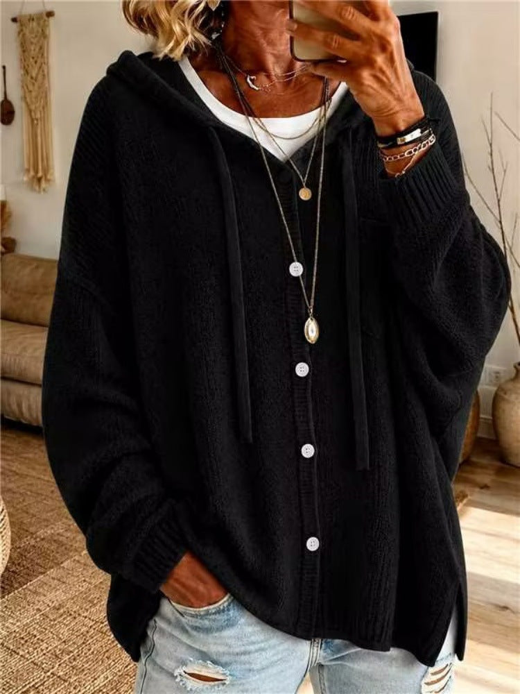 Womens Hooded Cardigan made of textured fine knit with button placket Mune Fashion