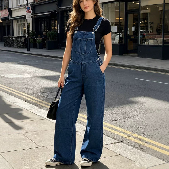 Women's wide denim overalls with high waist, adjustable straps and casual flared legs Mune Fashion