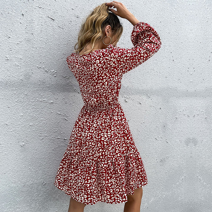 Women's leopard print ruffle dress with tie bow, elastic waistband, and long sleeves Mune Fashion